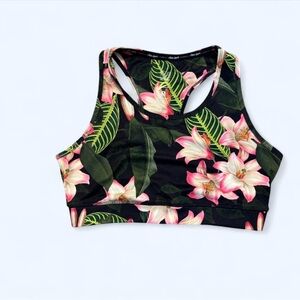 F&F Black Floral Sports Bra with Pink & Green Accents